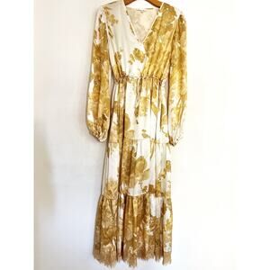 Gold Hawk Silk Maxi Dress XS Cream Gold Tiered Ruffle Laced Hem Boho Fairy